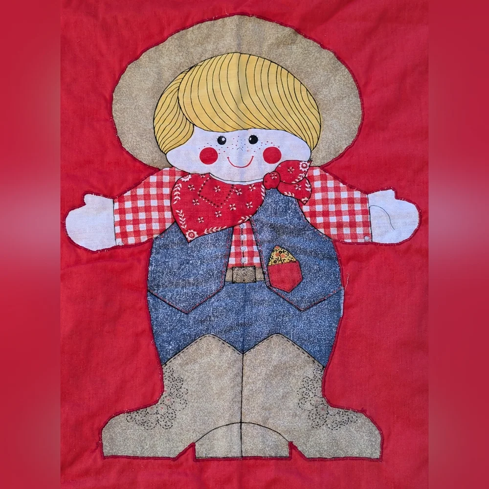 70's Vintage Handmade Baby Qilt Blanket Cowboy Patchwork Red, White & Blue USA